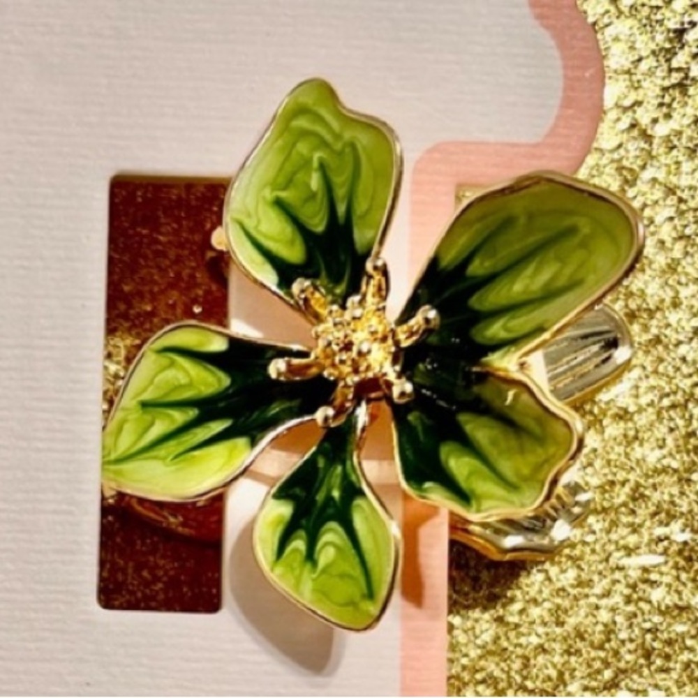 Floral Hair Clips enamel  2” each NWT Green